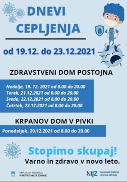 Dnevi cepljenja v Pivki in Postojni od 19. do 23. decembra 2021